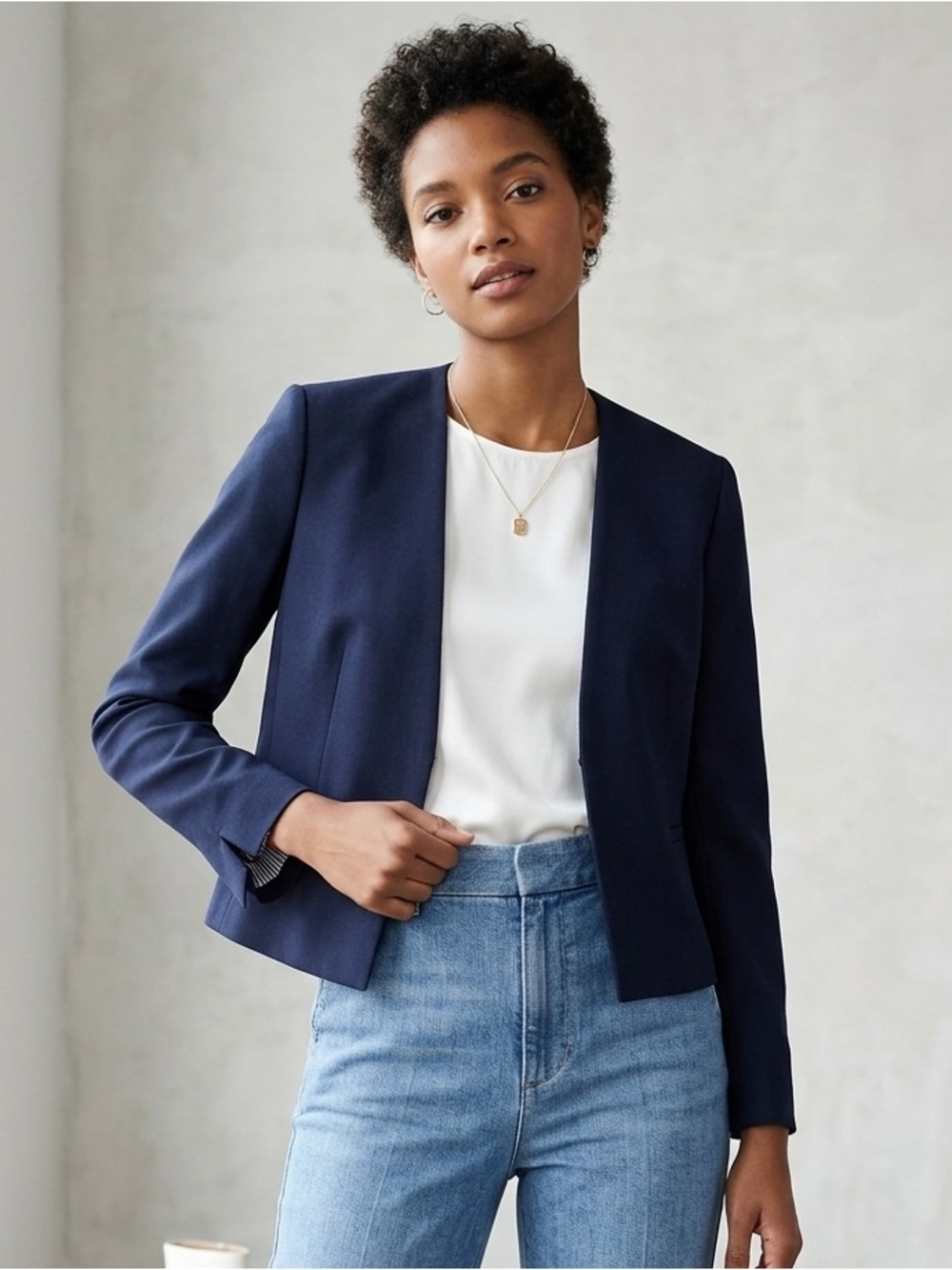 J Crew 365 Navy Blue Collarless Blazer Jacket Size 0